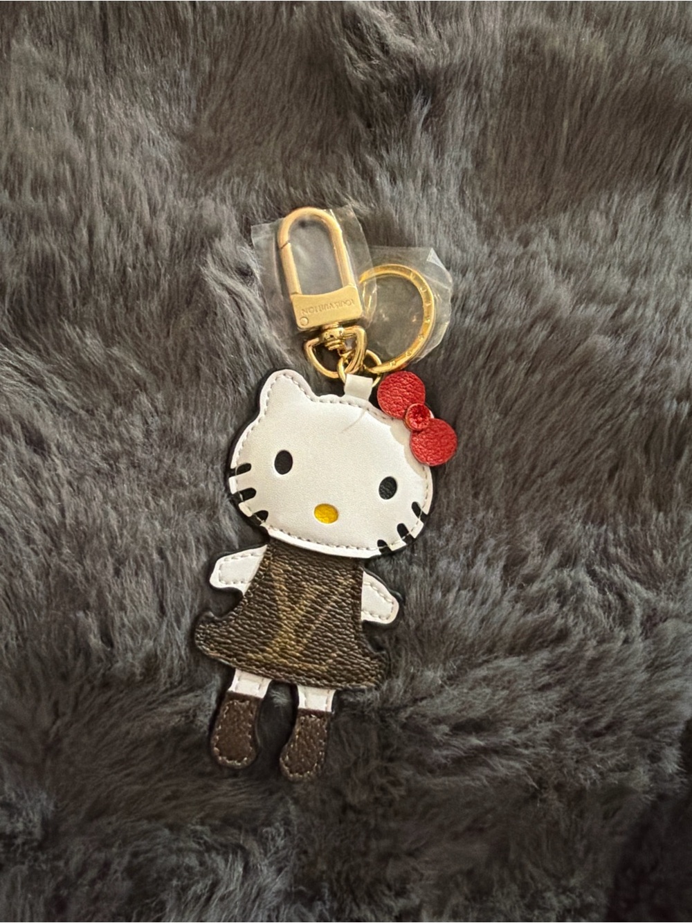 White and Red Hello Kitty Leather Keychain Charm with Gold Hardware
